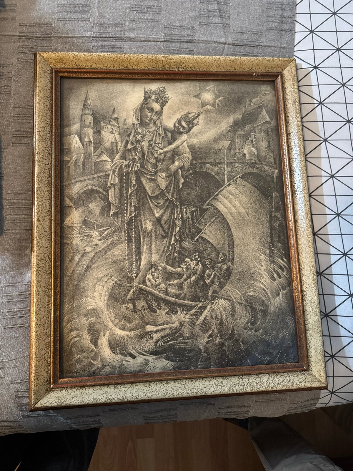 Antieke religieuze gravure: Maria met Kind op woeste zee, Antiek en Kunst, Kunst | Etsen en Gravures, Ingelijst, 1800 - 1899, Religie