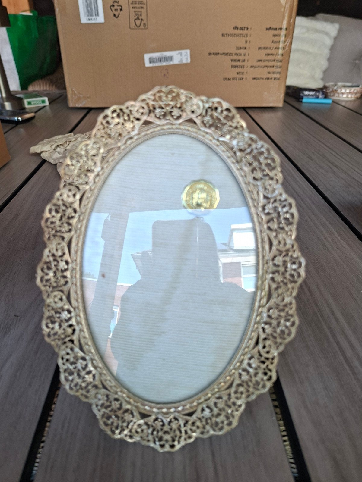 ovaal messing lijkend op zilver  fotolijstje met bol glas, Antiek en Kunst, Ophalen