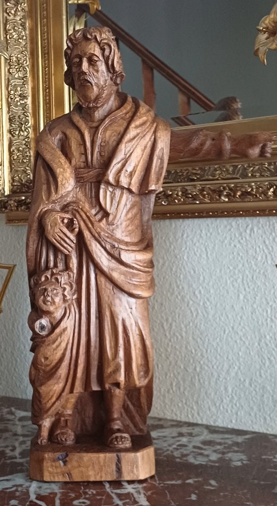 Heilige Jozef met kind in hout, Ophalen of Verzenden, Handgemaakt, Hout, Beeld