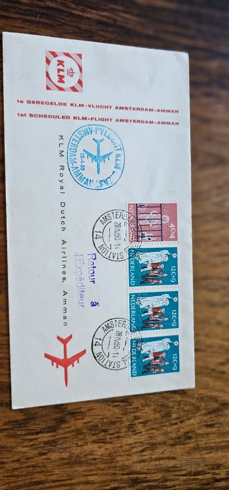 Envelop 1e vlucht KLM Amsterdam-Amman met postzegels, Postzegels en Munten, Verzenden