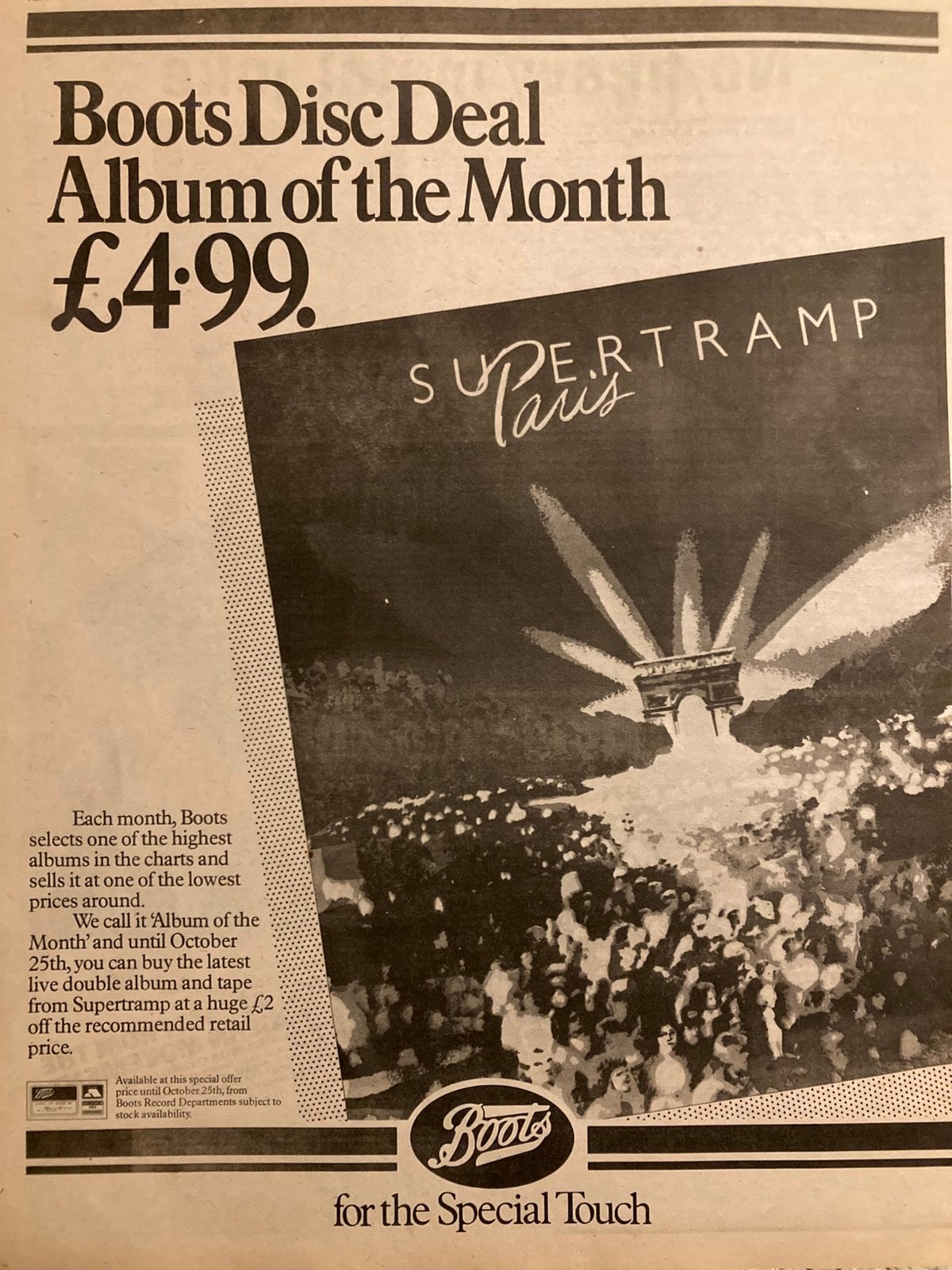 Paginagrote A3 advertentie SUPERTRAMP Paris release, Ophalen of Verzenden, Gebruikt, A1 t/m A3