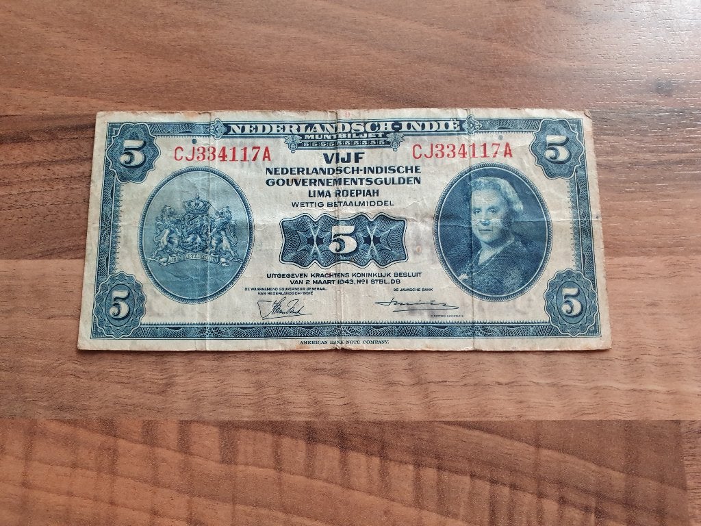 Nederlands Indie 5 Gulden 1943, Postzegels en Munten, Bankbiljetten | Nederland, Verzenden, Los biljet