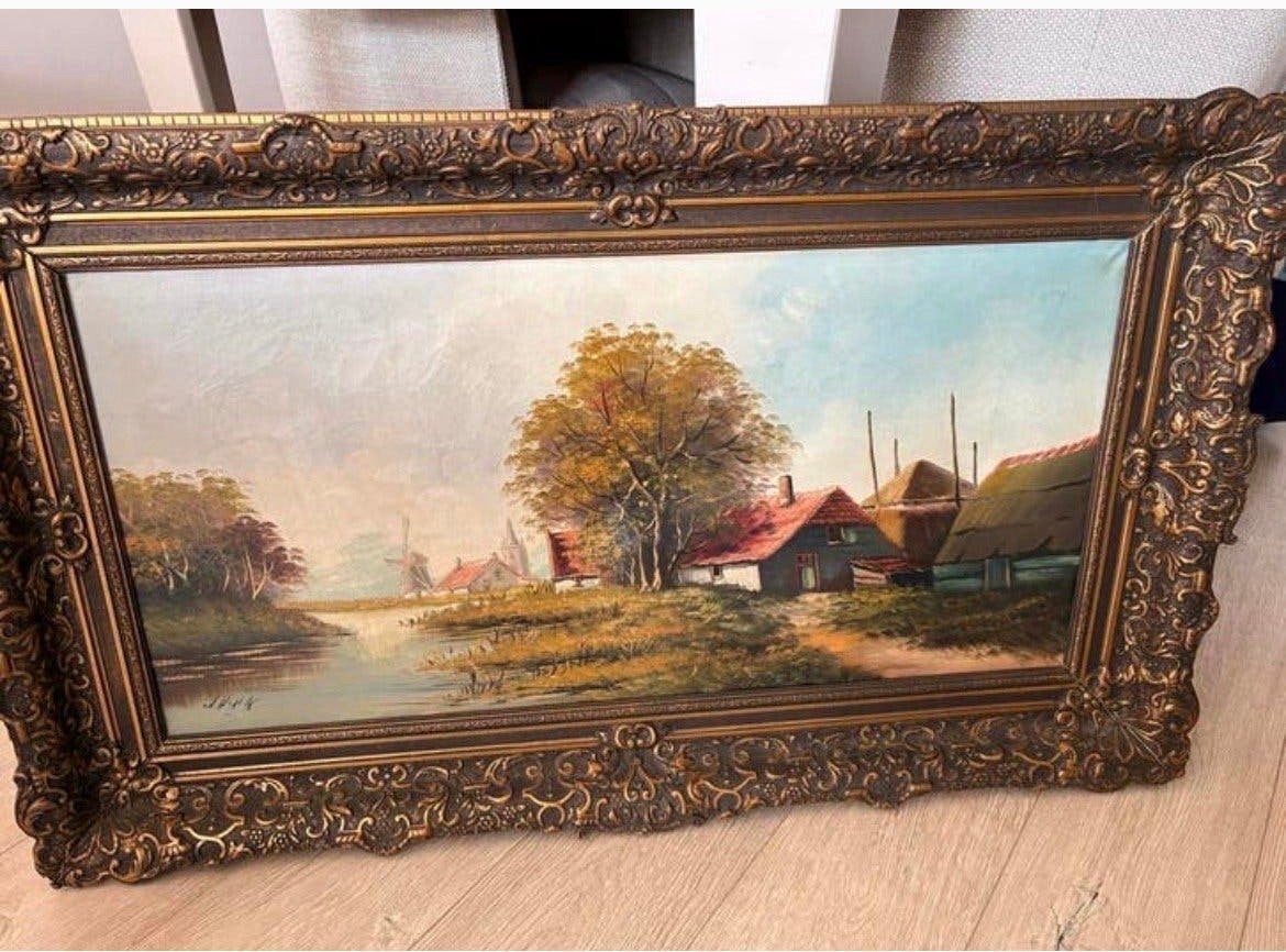 Klassiek Hollands Landschap Schilderij met Molen en Boerderi, Ophalen, Doek, Gesigneerd, Landschap