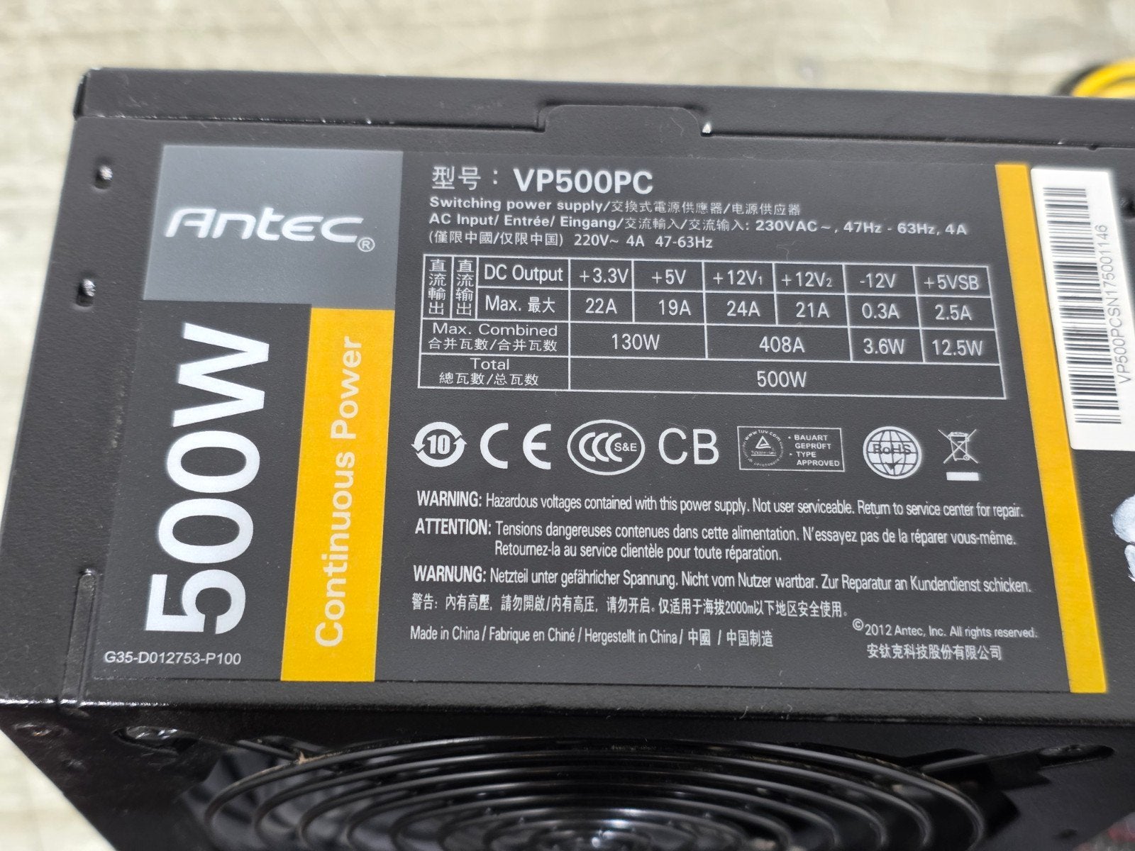 Antec 500w max voeding psu power supply vp500pc, Computers en Software, Ophalen of Verzenden, Gebruikt