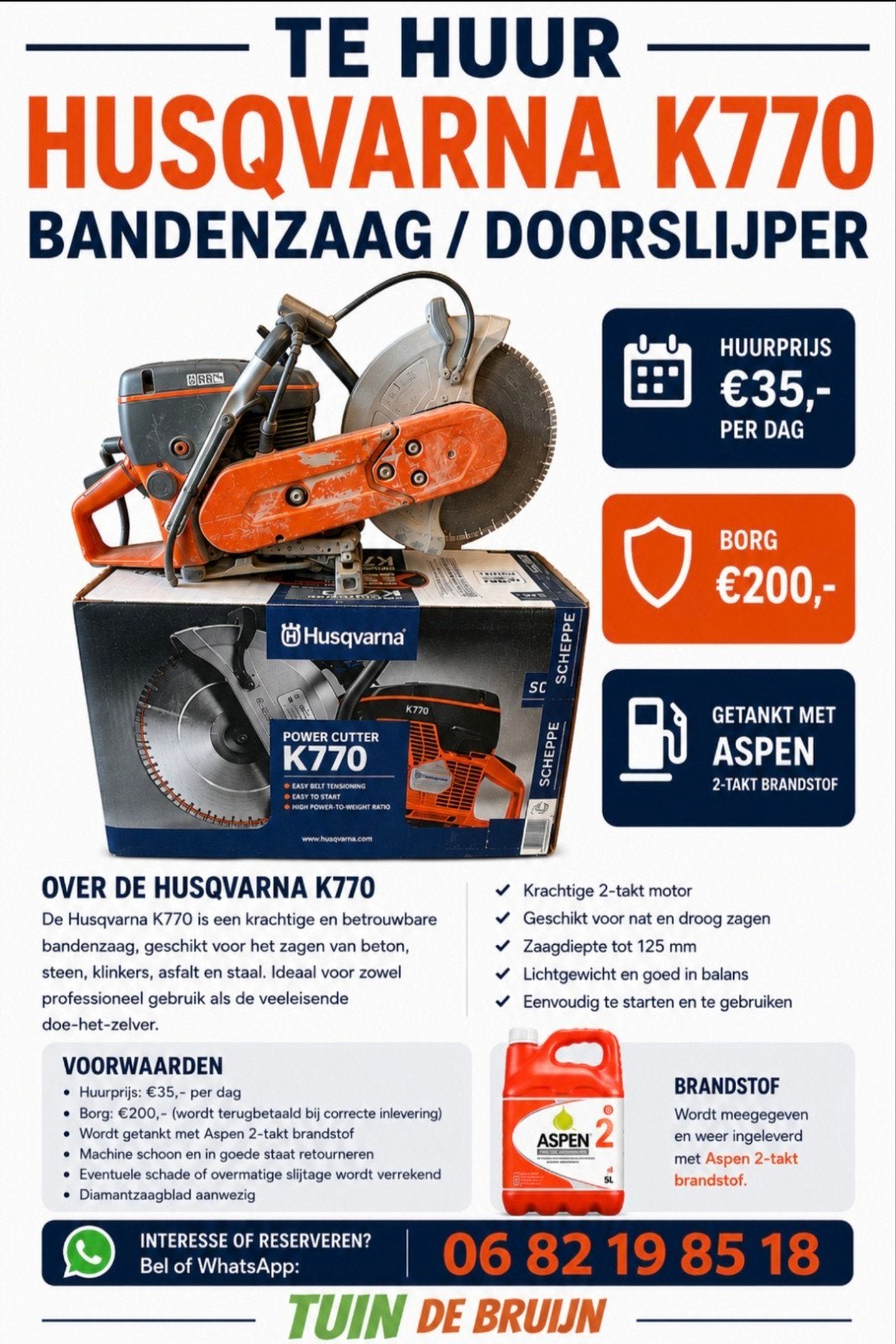 TE HUUR – Husqvarna K770 Doorslijper, Gebruikt, 70 mm of meer, Overige typen, Ophalen of Verzenden