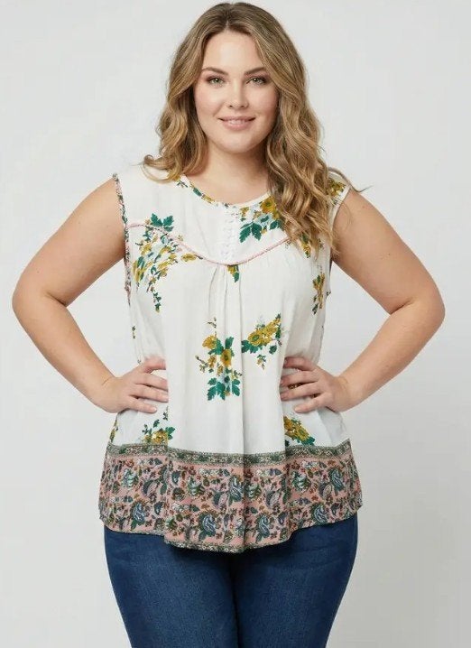 Mouwloze top wit met bloemen 50 / 52 boho ibiza PLUS SIZE, Ophalen of Verzenden, Nieuw, Wit, Shirt of Top