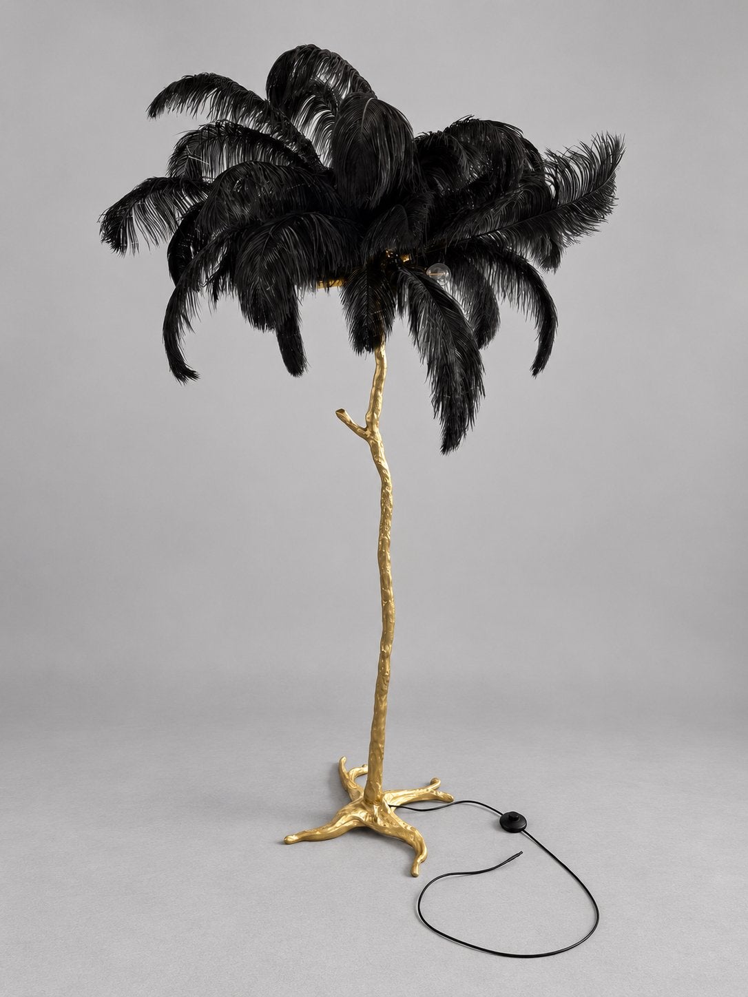Luxe gouden vloerlamp met zwarte veren - Hollywood Regency, Ophalen, E27 (groot), Zo goed als nieuw, Metaal