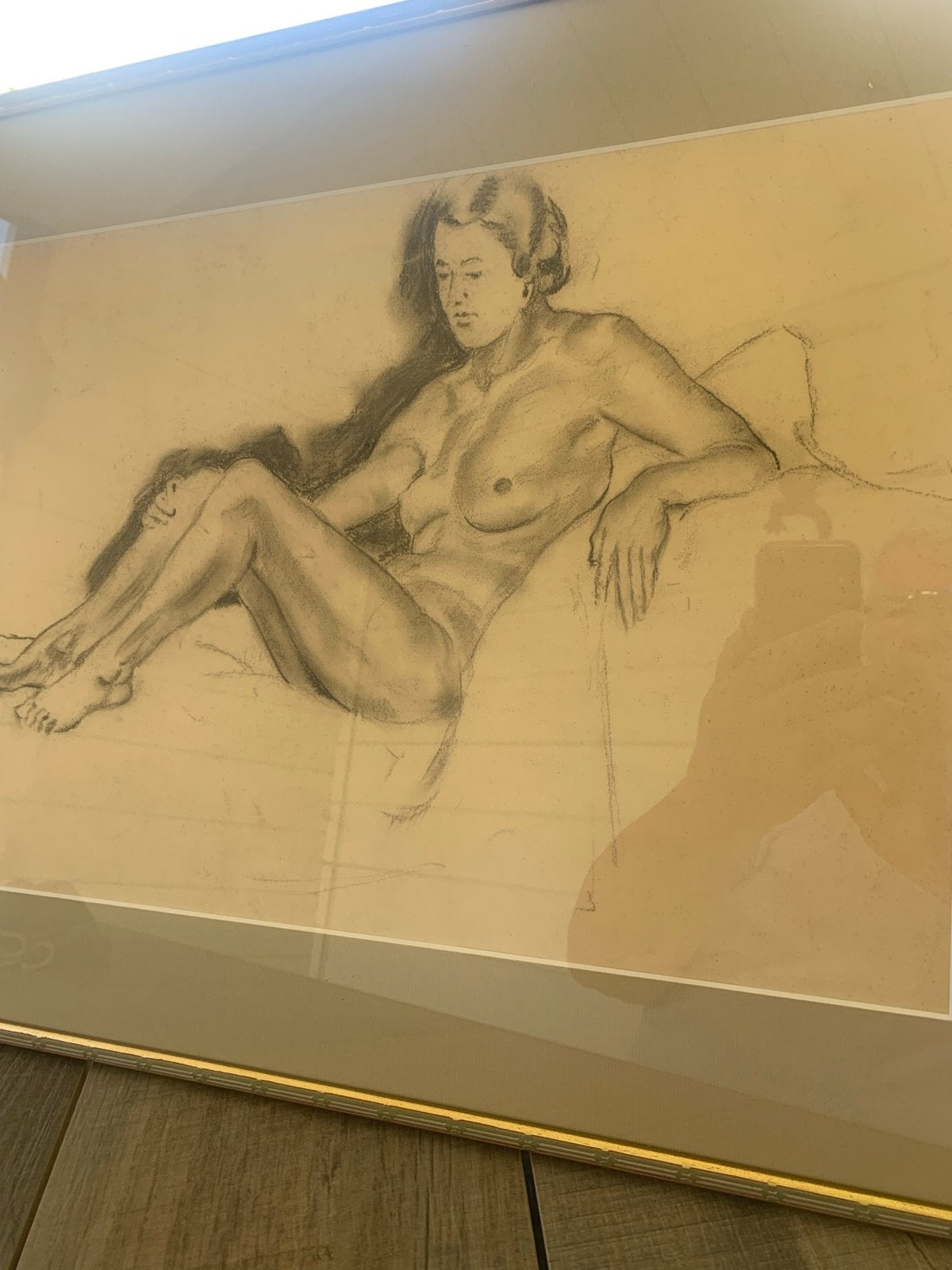 Potloodtekening: Zittende Naakte Vrouw - Ingelijst, Ophalen of Verzenden, Tekening, Potloodtekening, Ingelijst