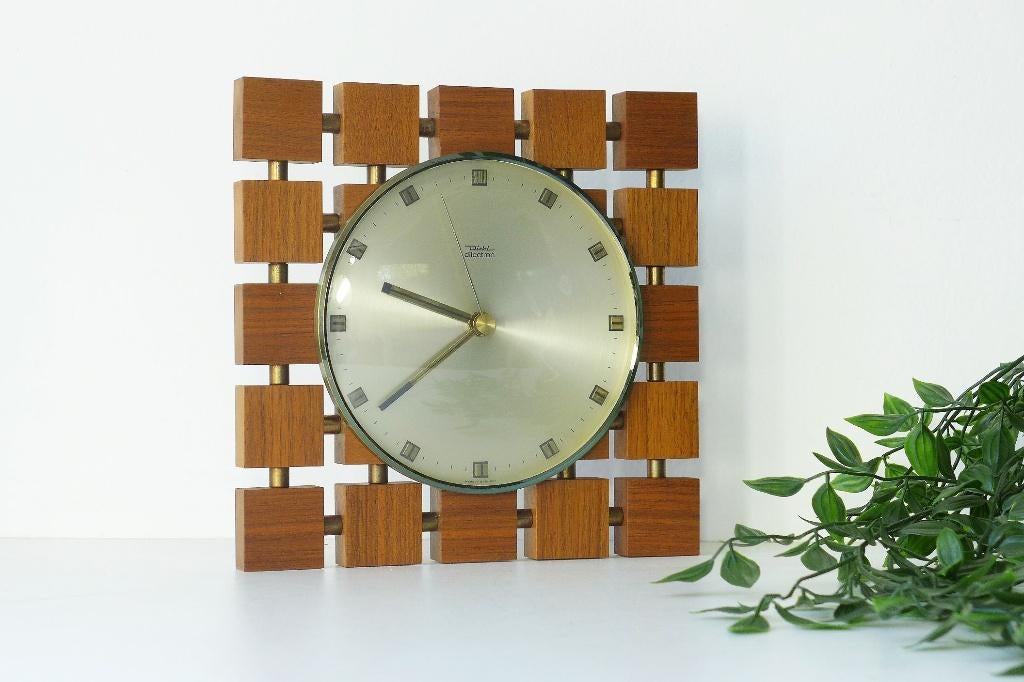 Zeldzame Vintage Wandklok Teak Messing, Diehl Germany, Deens, Ophalen of Verzenden, Gebruikt, Wandklok