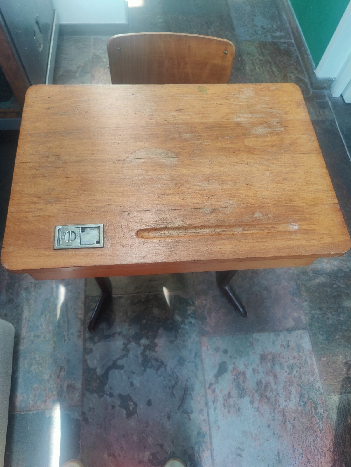 Vintage schoolbankje met stoel, Ophalen