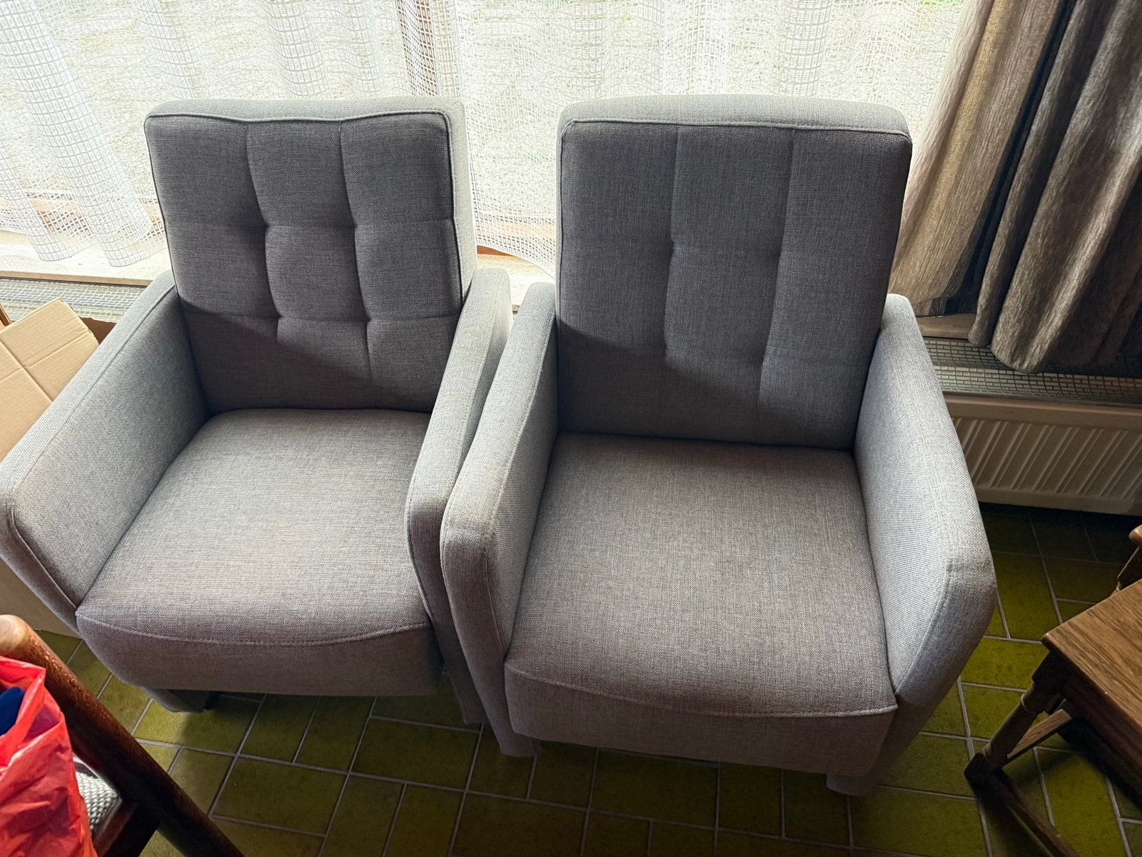 Set van 2 comfortabele grijze fauteuils, Ophalen, Gebruikt, Minder dan 75 cm, Stof