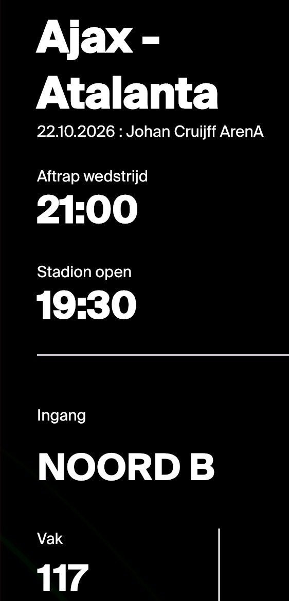2 tickets Ajax Atalanta. Eerste ring naast elkaar!, Tickets en Kaartjes