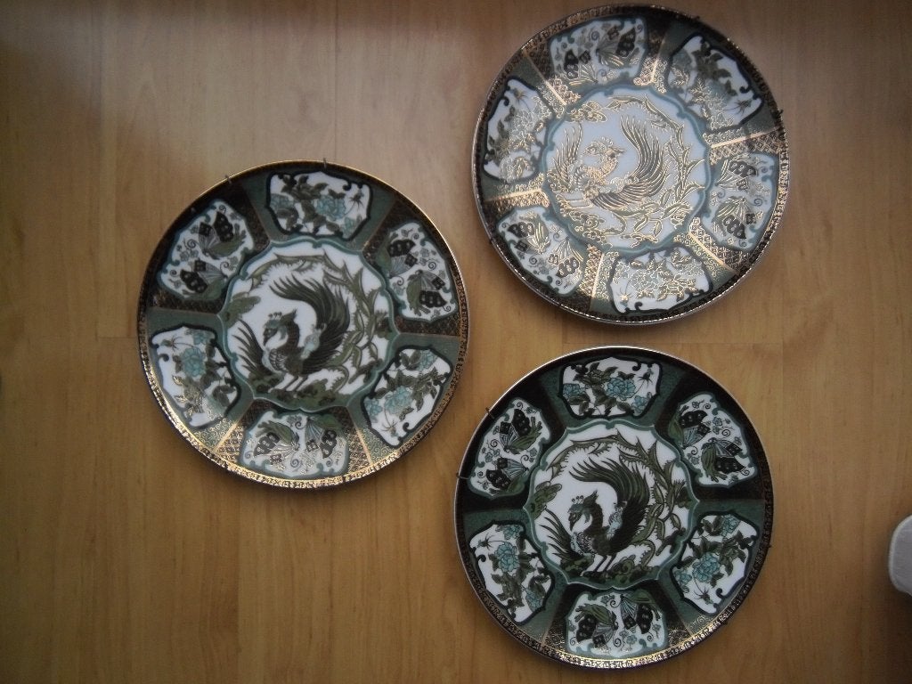 3 wandborden groen goud zwart wit vogel bordenhangers, Gebruikt, Steen/keramiek, Wandbord of Wandpaneel, 27 cm