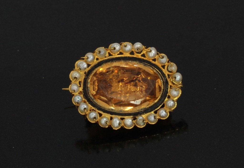 Natuurlijke parels 14k gouden broche antiek ca. 1840 citrien, Sieraden, Tassen en Uiterlijk, Ophalen of Verzenden, Goud, Broche