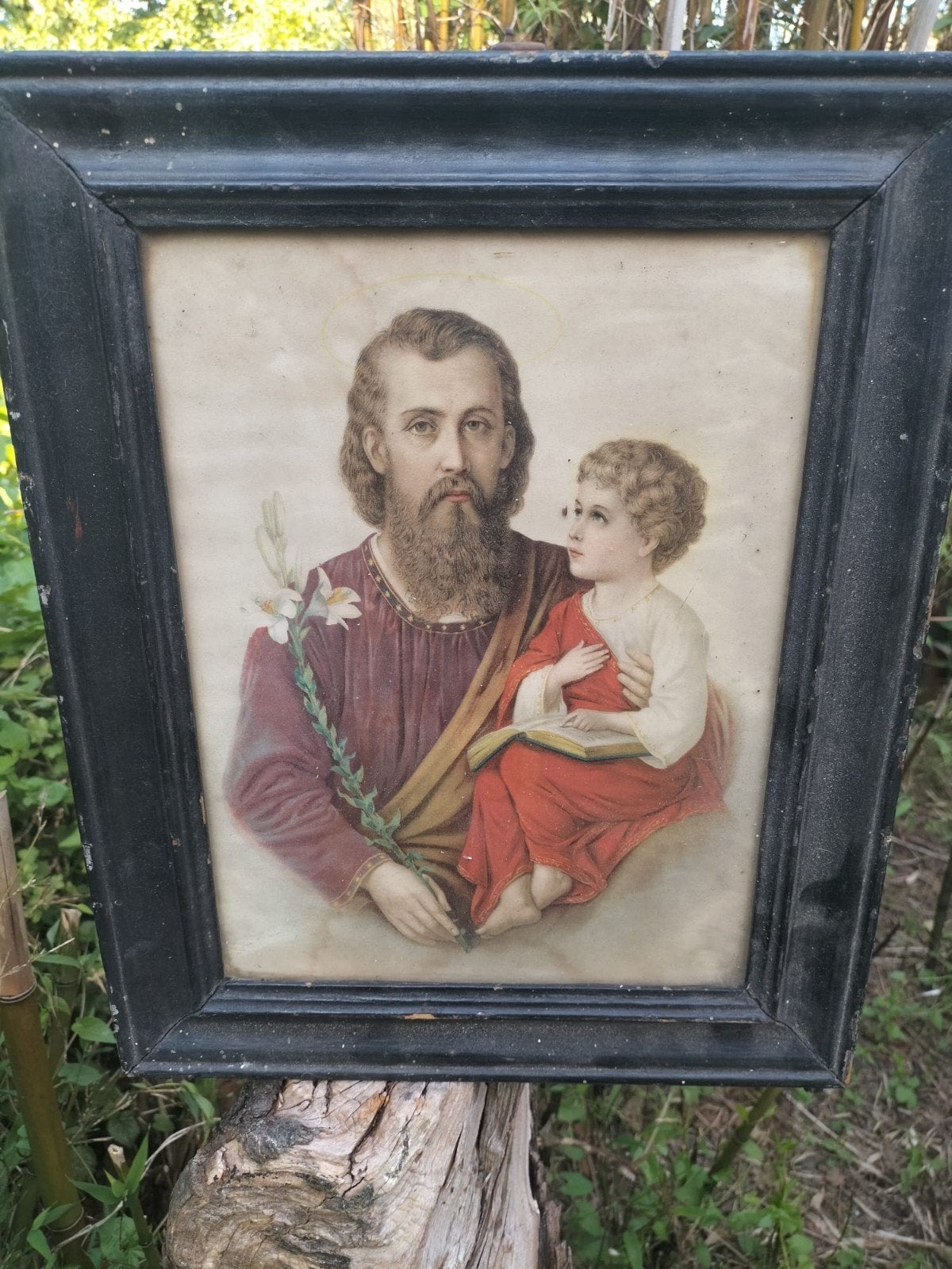 Antiek reisaltaar met crucifix en Jozef met kind prent, Antiek en Kunst, Ophalen of Verzenden