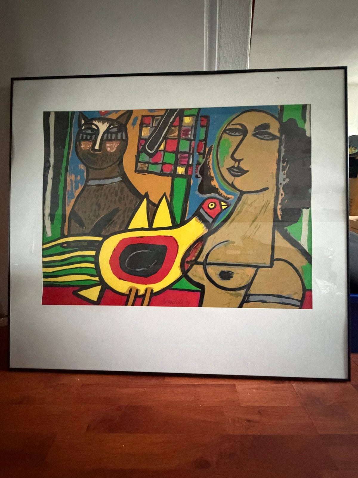 Groot Corneille kunstwerk - Zeefdruk met figuren en dieren, Figuren, Papier/karton, Zeefdruk, Ophalen of Verzenden