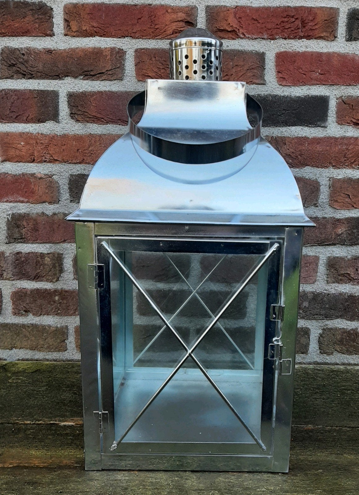 windlicht- lantaarn- zilverkleurig-met glas, Ophalen, Lantaarn, Zo goed als nieuw, 45 cm