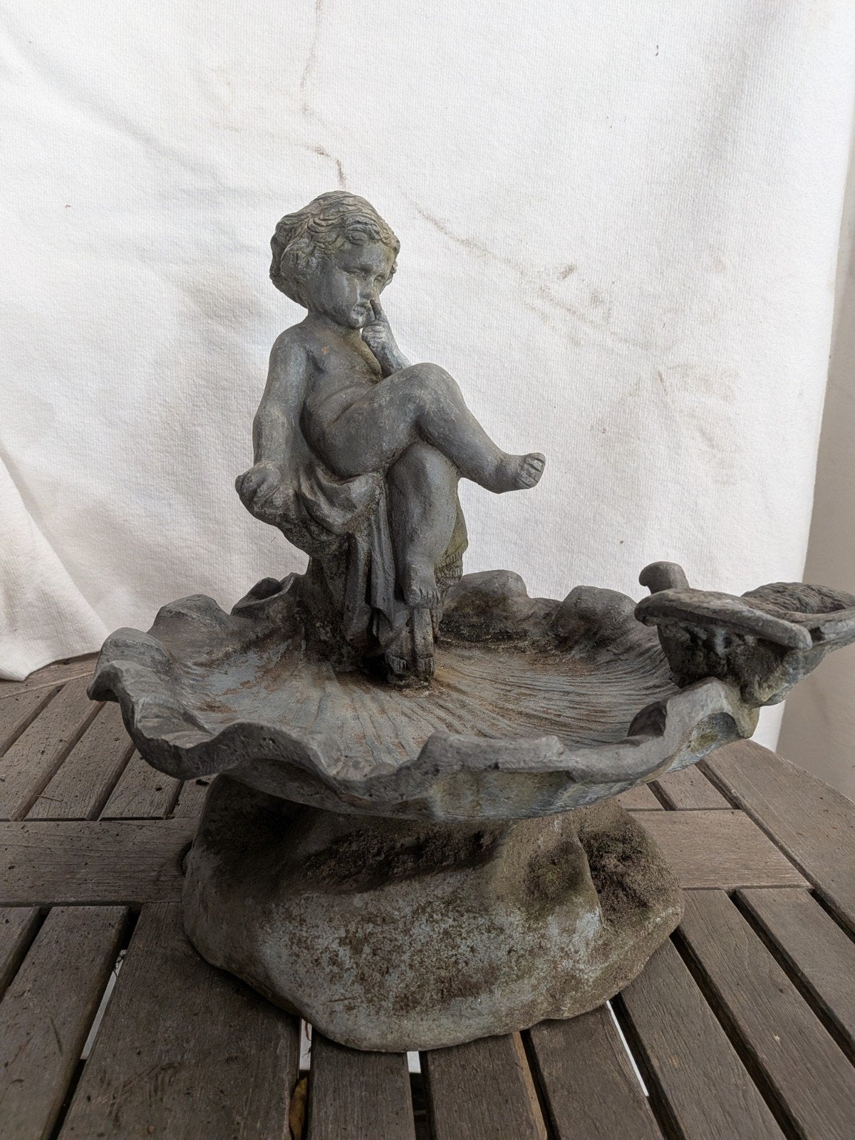 Antiek Massief Loden Vogelbad met Cherubijn / Putto 19e eeuw, Tuin en Terras, Ophalen of Verzenden, Nvt, Nvt, Nvt