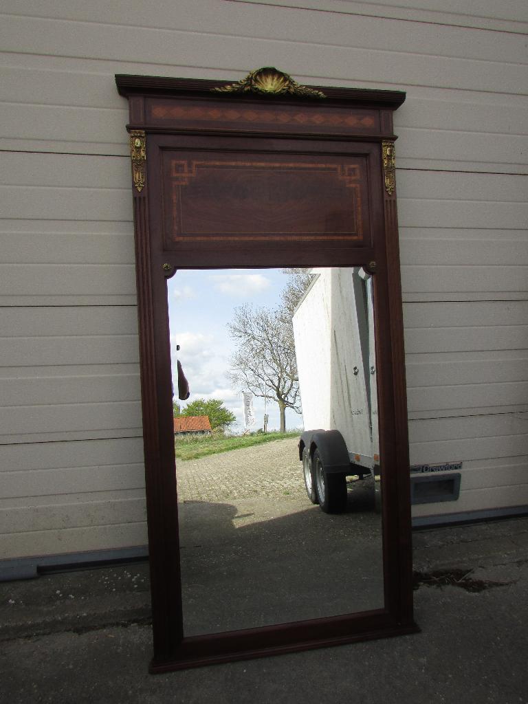 antieke pas spiegel schouw spiegel met koperen kroon, Ophalen of Verzenden, Rechthoekig, 50 tot 100 cm, 150 tot 200 cm