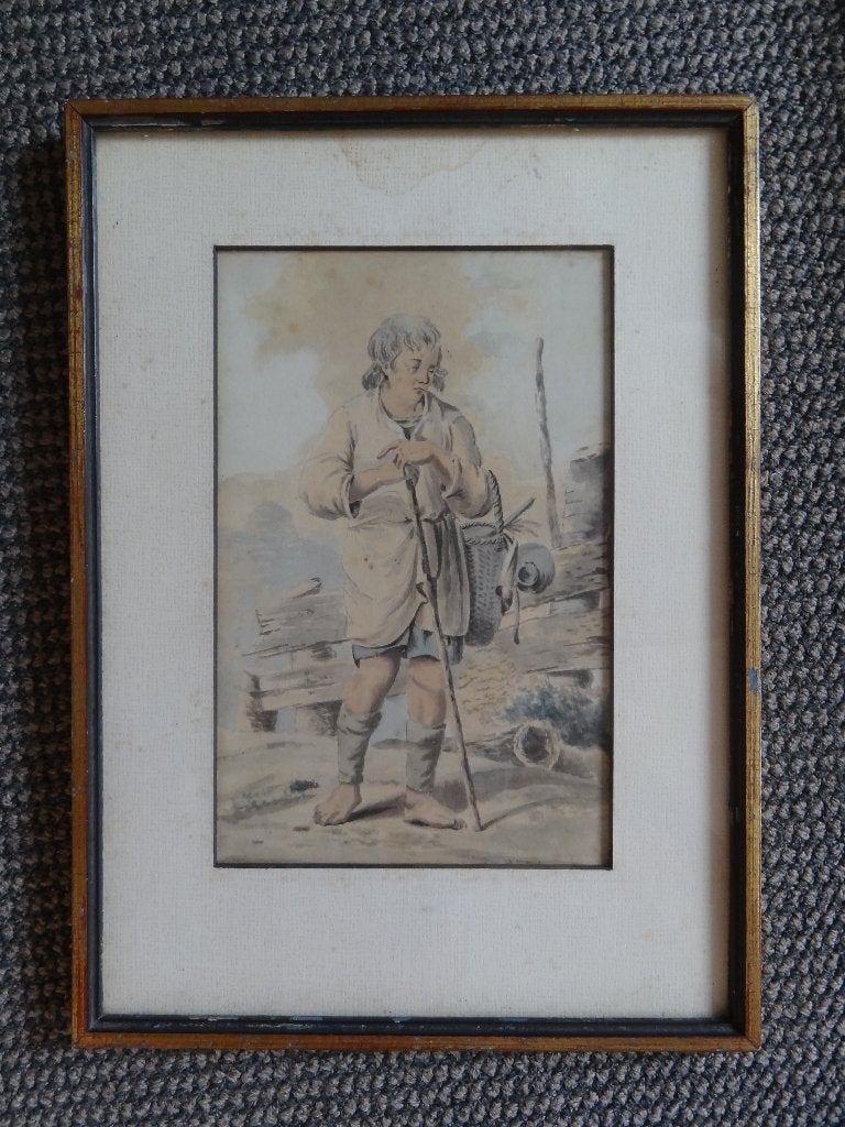 aquarel van een marskramer met wandelstok, ongesign 1825, Antiek en Kunst, Kunst | Schilderijen | Klassiek, Portret of Personen