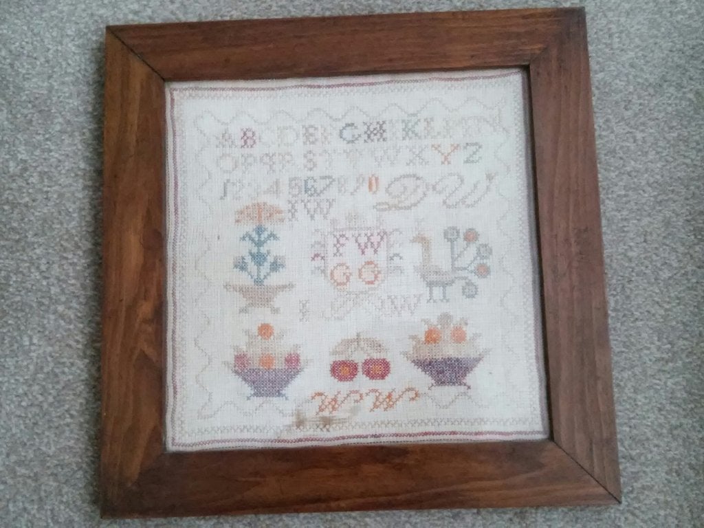 Antieke merklap stoplap monogrammen letters volkskunst, Ophalen of Verzenden