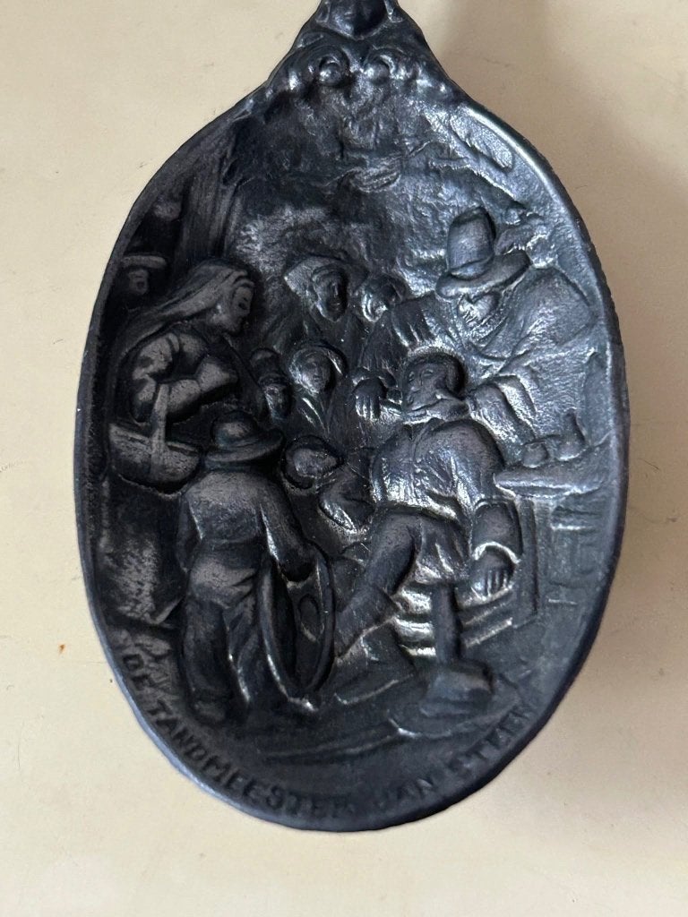 Vintage tinnen sierlepels Jan Steen De Tandmeester set, Antiek en Kunst, Ophalen of Verzenden