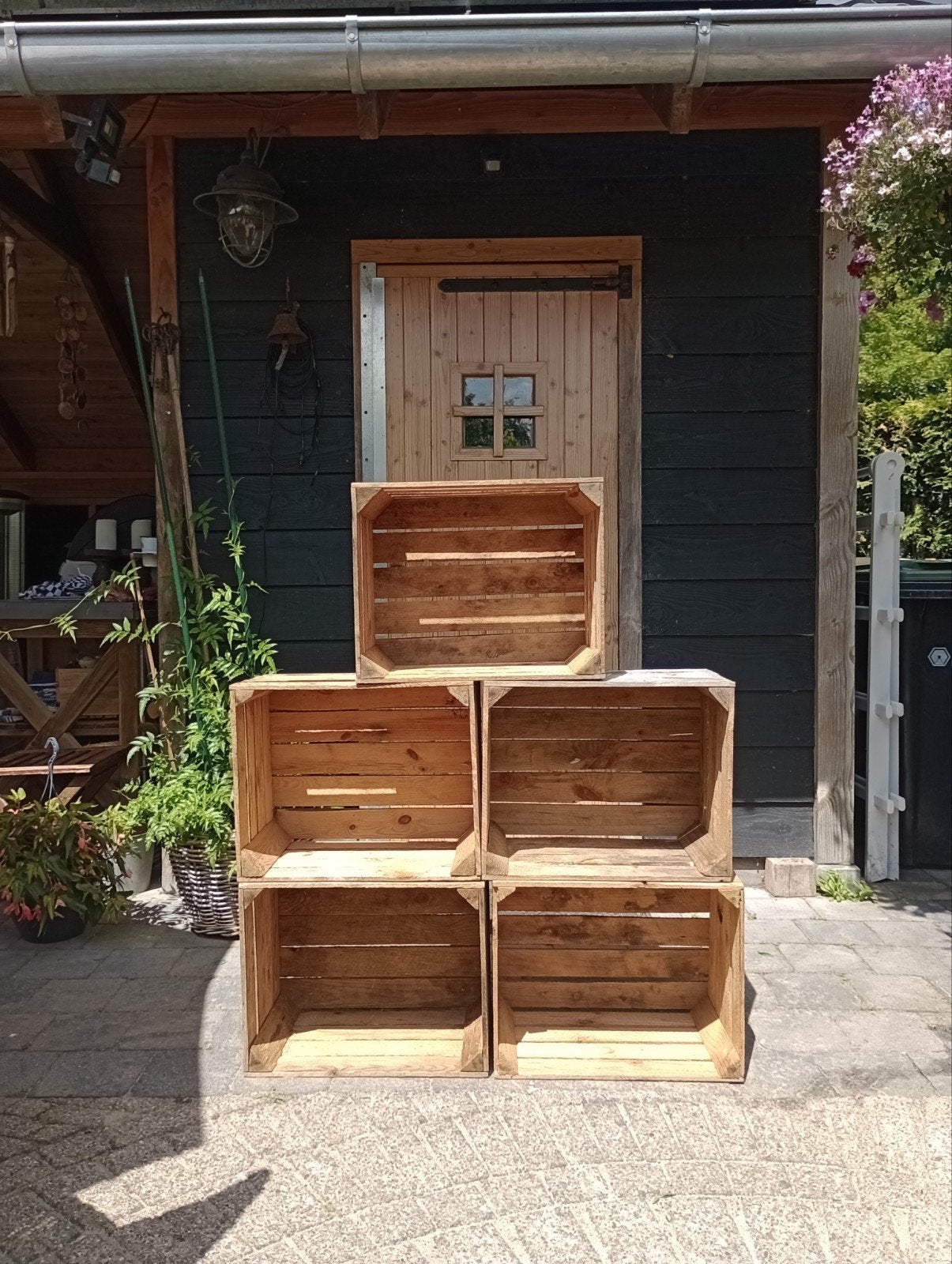 Vijf houten kratten bakken kistjes sierkratten, Tuin en Terras, Bloembakken en Plantenbakken, Ophalen, Minder dan 60 cm, Binnen