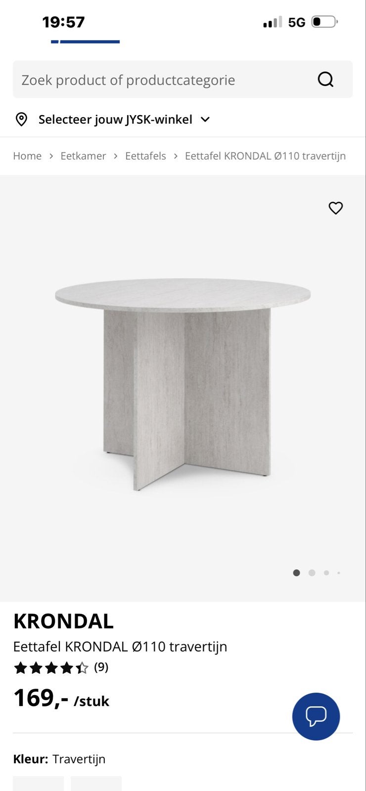 JYSK KRONDAL Ø110 travertijn eettafel, Kunststof, 100 tot 150 cm, Rond, Tot twee personen