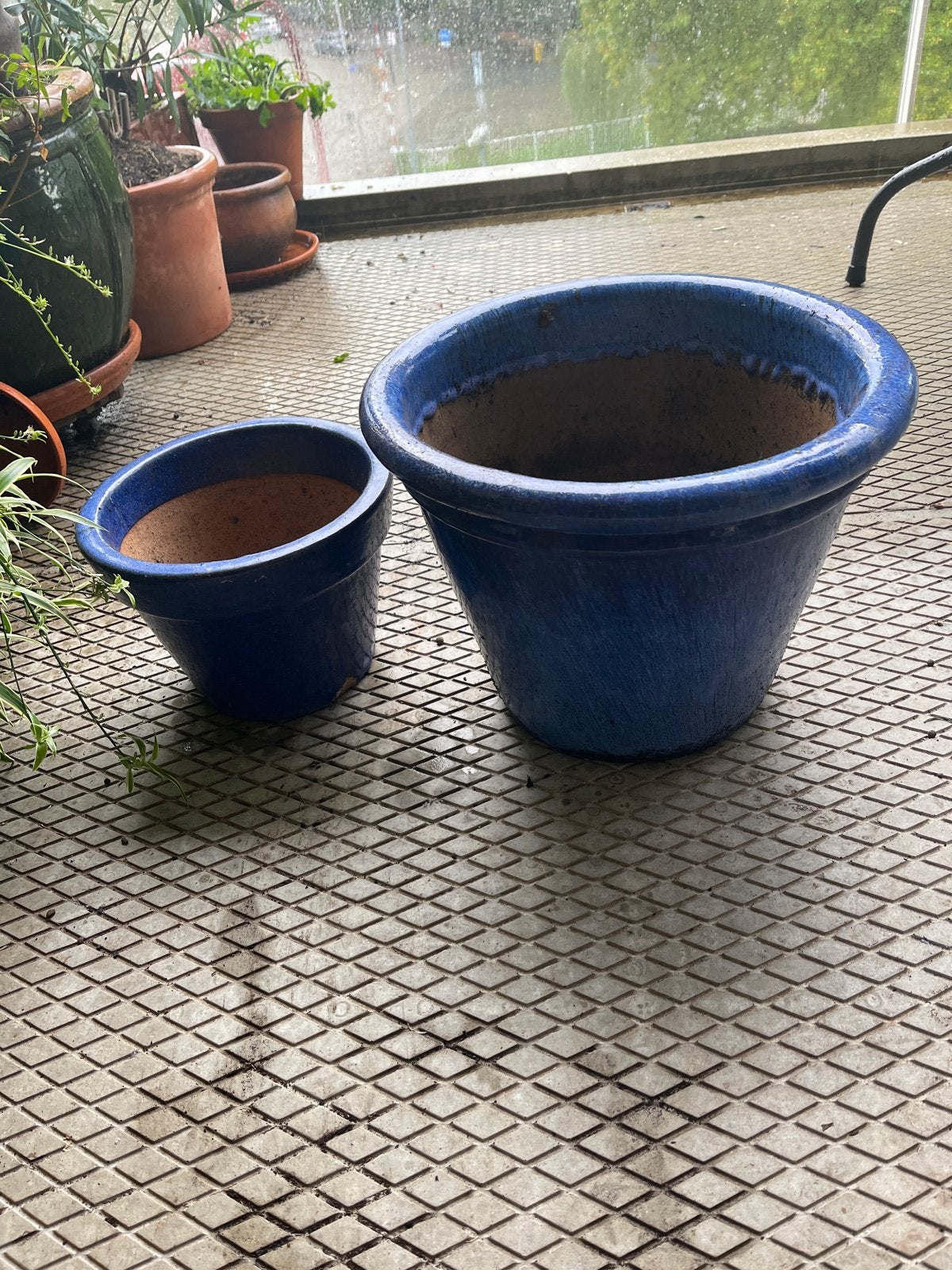 Set van 2 blauwe bloempotten - Gebruikt, Ophalen, Gebruikt, 40 cm of meer, Rond