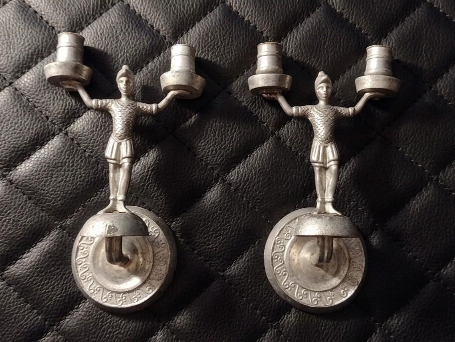 Duitse Wand Kandelaar Set Romeinse Soldaten Zilver Brons Oud, Ophalen of Verzenden