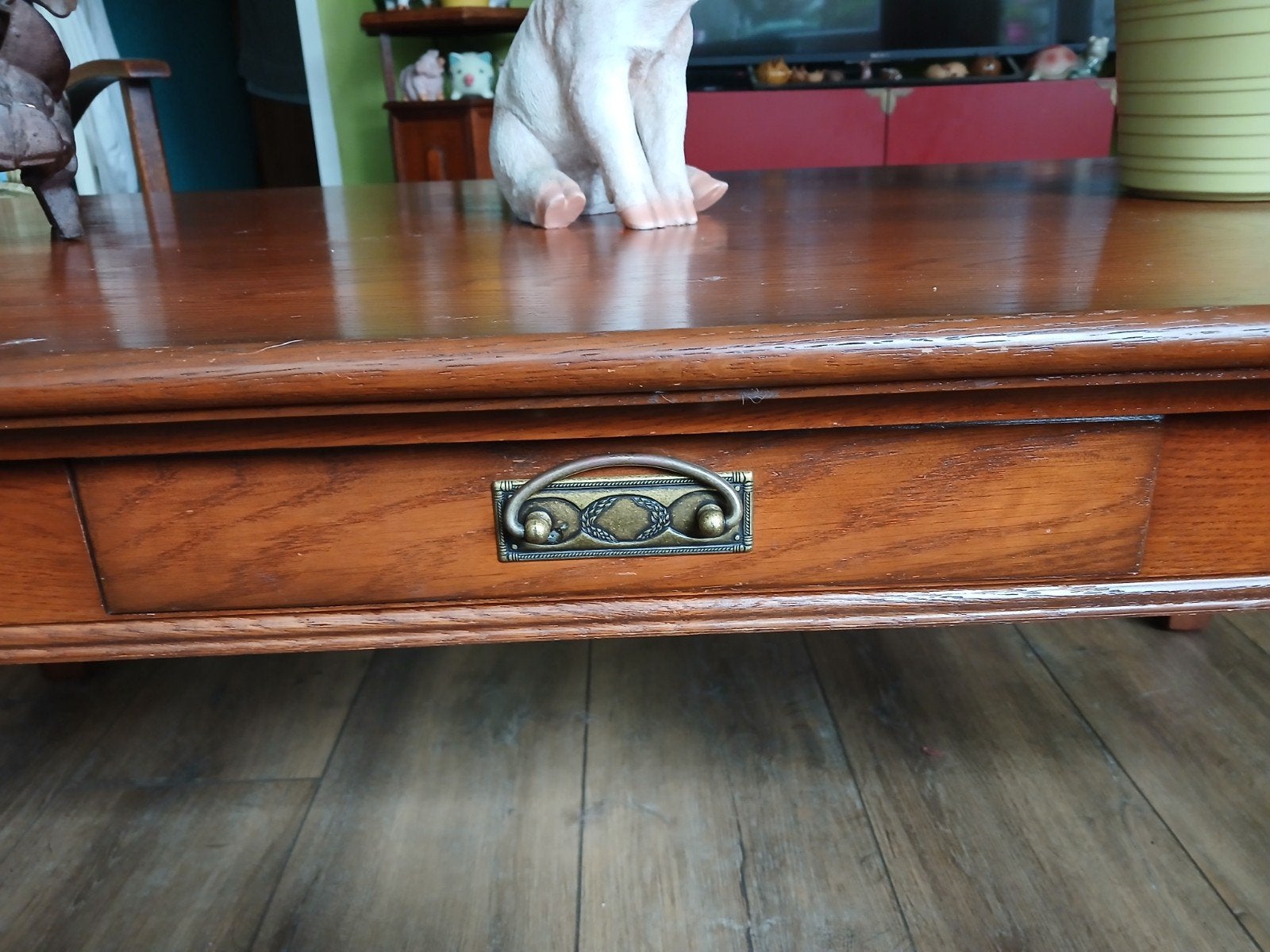 Massief houten salontafel met lade, Huis en Inrichting, Ophalen, Gebruikt, 100 tot 150 cm, 50 tot 100 cm