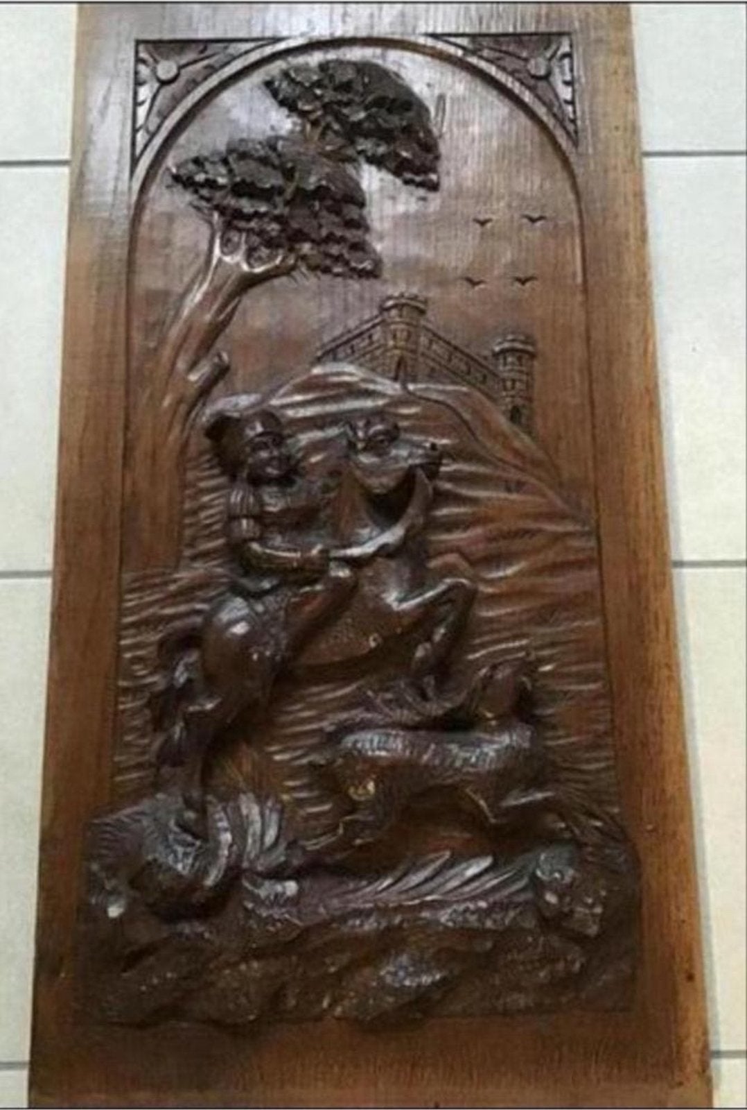 Vintage houtsnijwerk  paneel ridder te paard, Antiek en Kunst, Ophalen of Verzenden