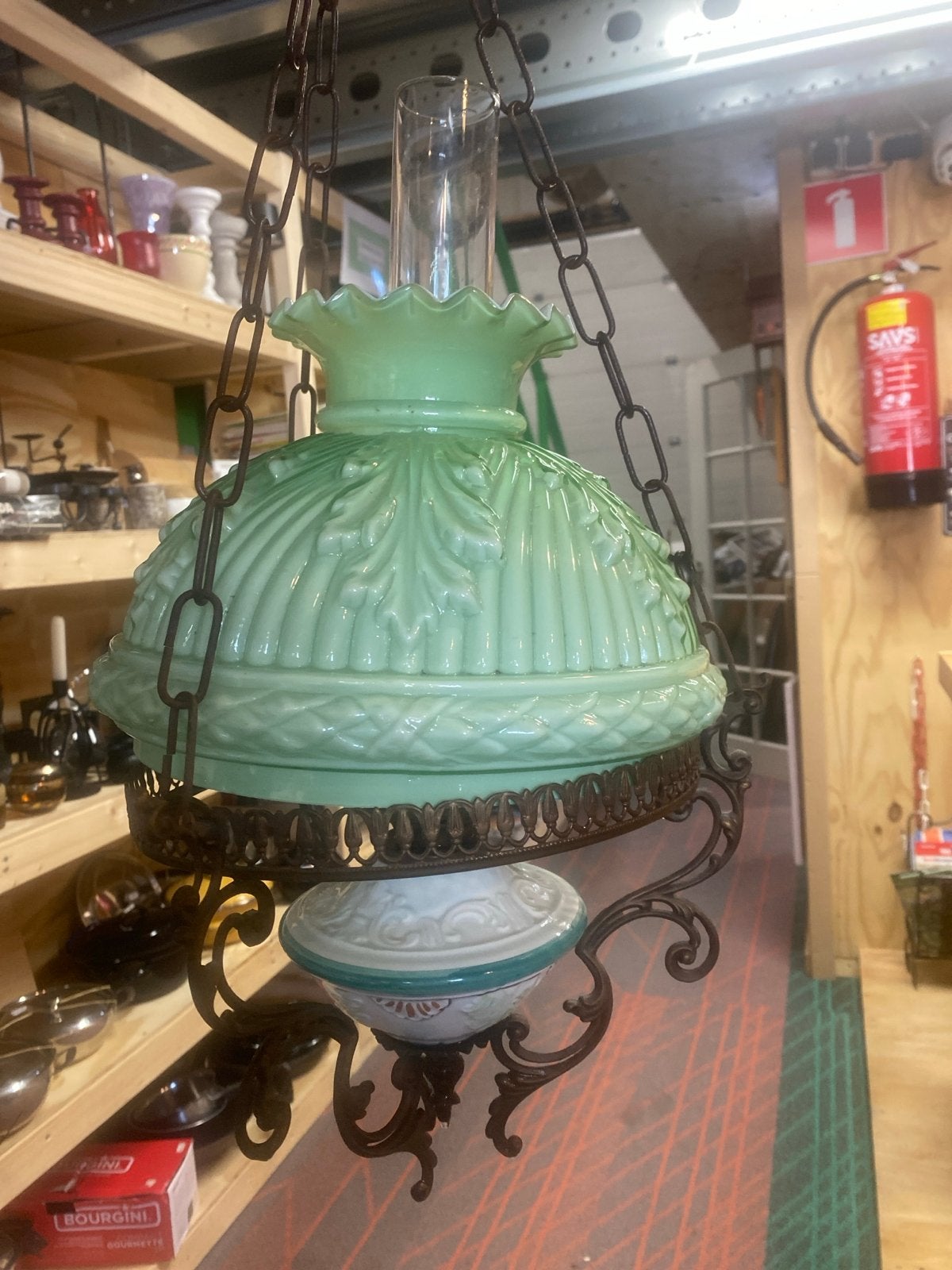Antieke Olie Lamp - Groen Glas en Smeedijzer, Antiek en Kunst, Antiek | Lampen, Ophalen