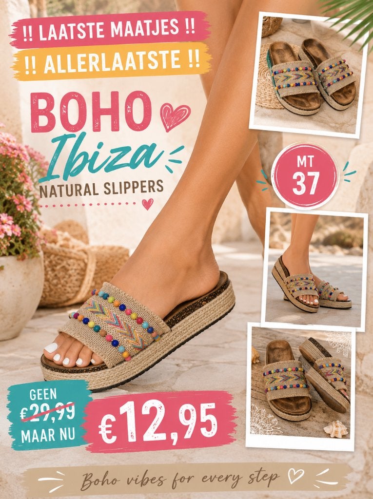 ‼️ ALLERLAATSTE ‼️ BOHO Ibiza natural Slippers, Mt 37, Ophalen of Verzenden, Nieuw, Slippers