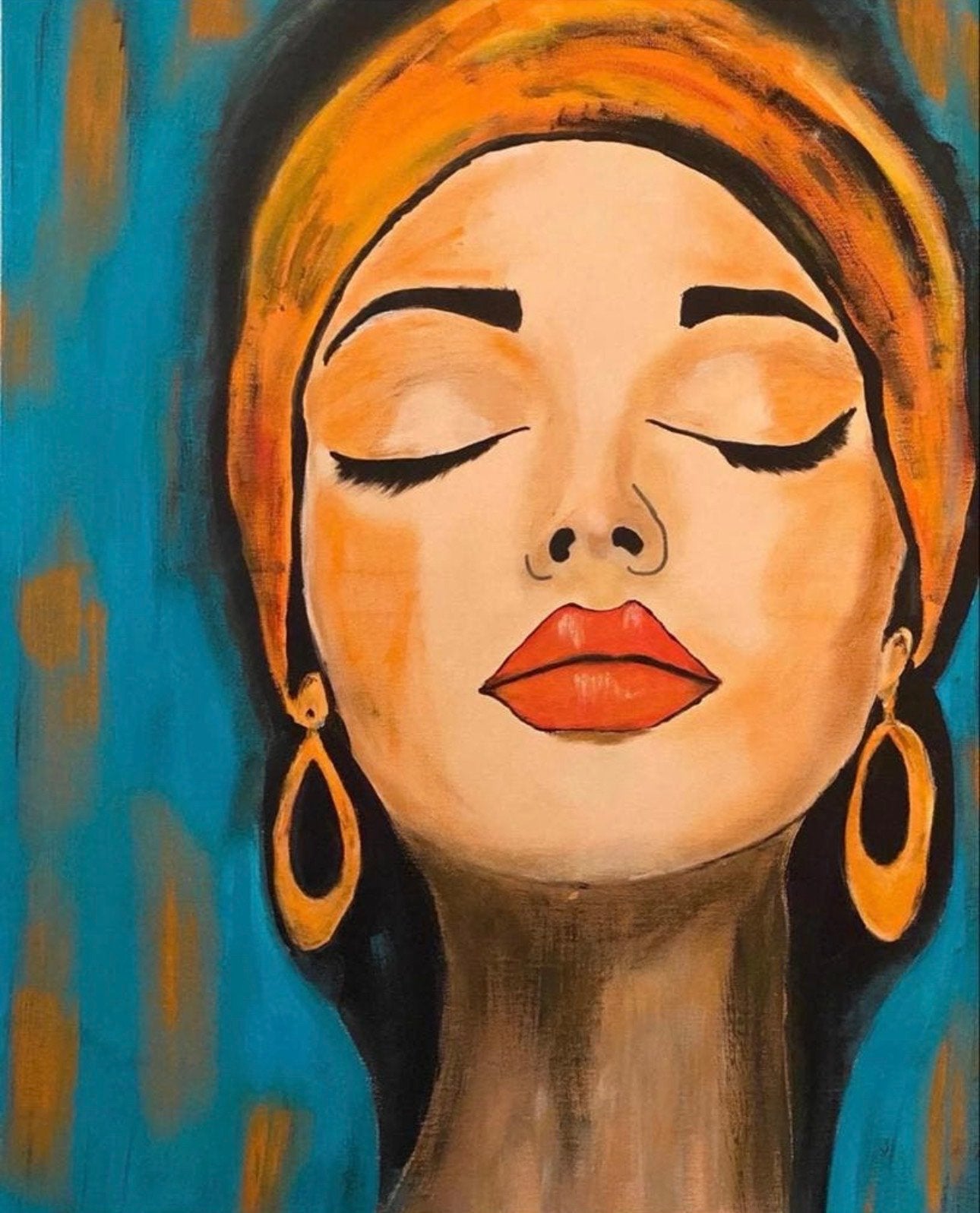 Vrouw met oranje hoofddoek en oorbellen, Antiek en Kunst, Kunst | Schilderijen | Klassiek, Acrylverf, Doek, Portret of Personen