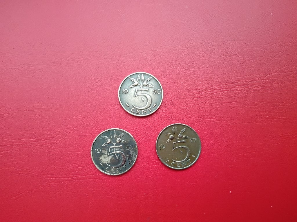 3x 5 cent (stuivers) uit 1950, 1953 en 1977, Ophalen of Verzenden, Koningin Juliana, 5 cent, Losse munt