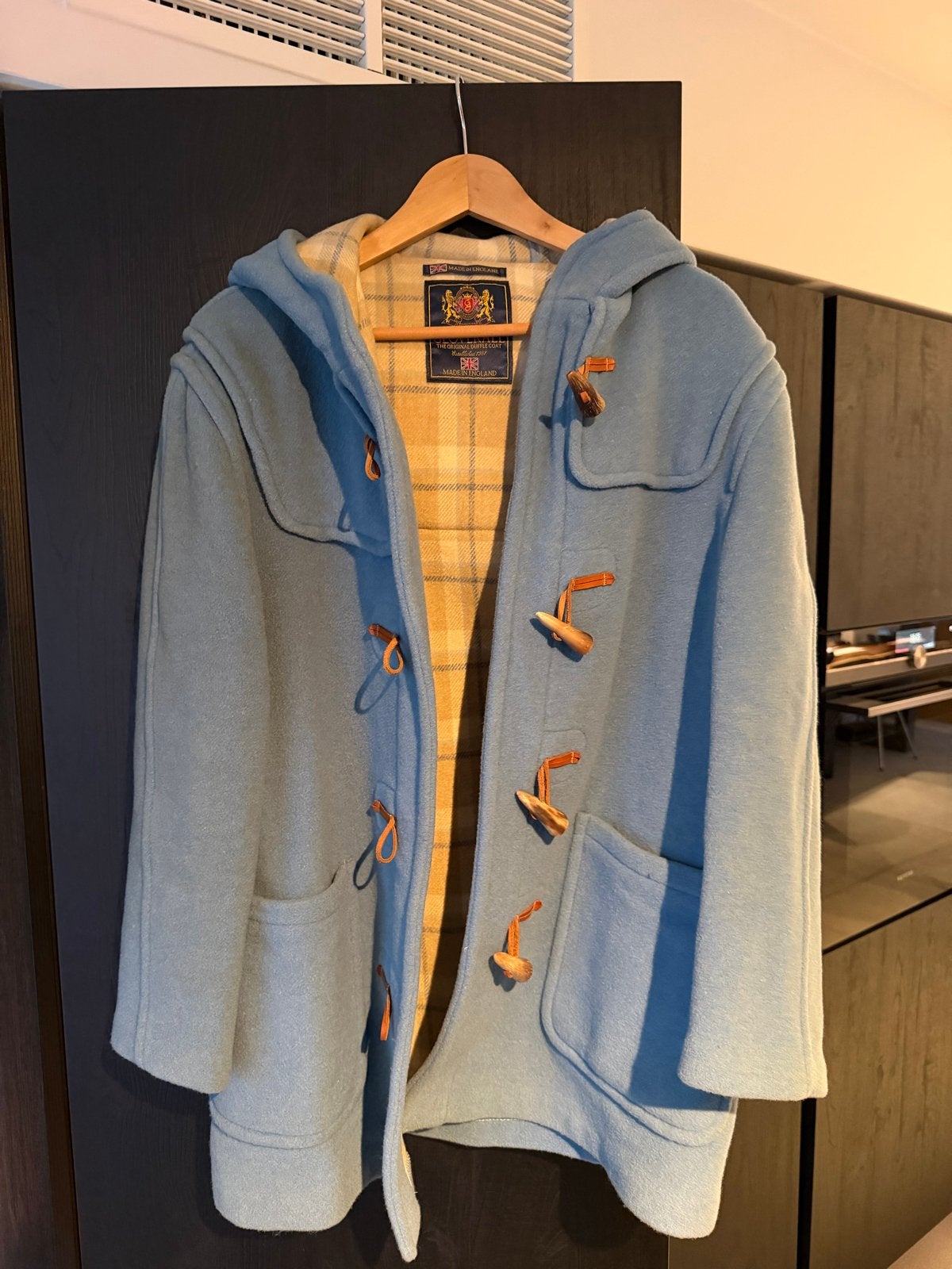 Gloverall Duffle Coat - Lichtblauw met ruitvoering, Ophalen of Verzenden, Zo goed als nieuw, Maat 38/40 (M), Blauw