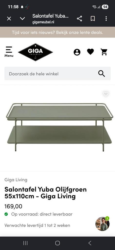 Salontafel Yuba Olijfgroen 55x110cm - Giga Living, Ophalen, Nieuw, 50 tot 100 cm, Minder dan 50 cm