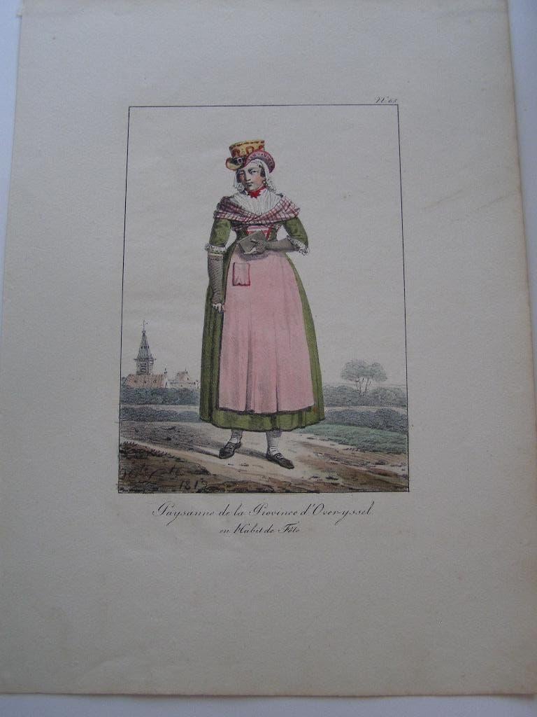 kleur litho Boerin in feestkleding Overijssel uit 1819, Antiek en Kunst, Kunst | Litho's en Zeefdrukken, Ophalen of Verzenden