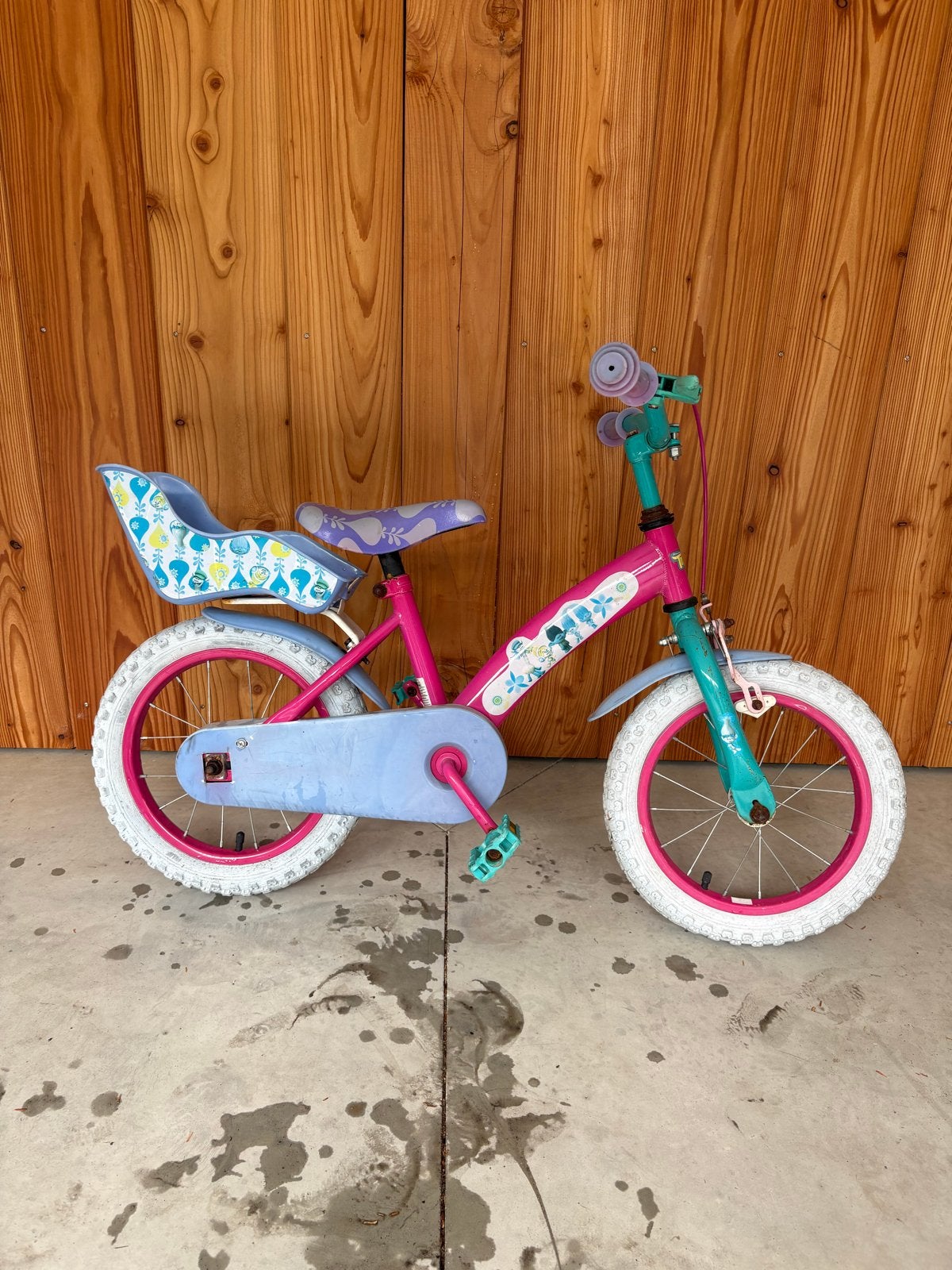 Roze kinderfiets met poppenzitje, Ophalen, Zijwieltjes, Gebruikt, Velgrem