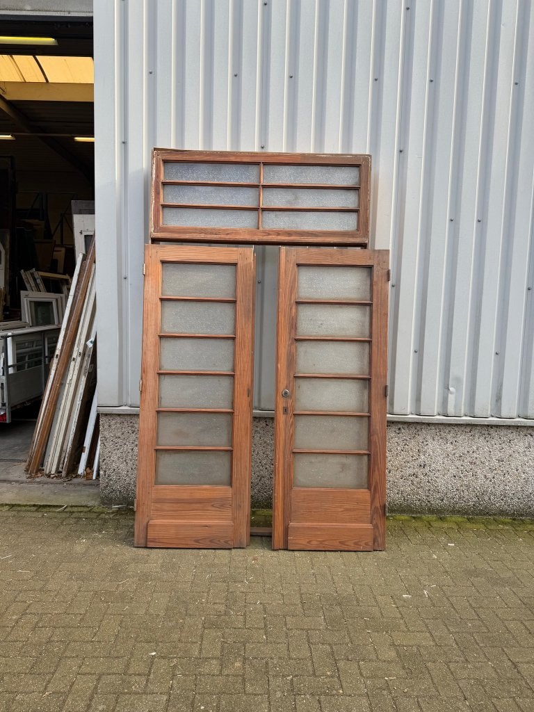 Antieke pitchpine ensuitedeuren met kozijn en bovenlicht, La belle porte, Jurgen.hoogenboezem@gmail.com, 120 cm of meer, Binnendeur