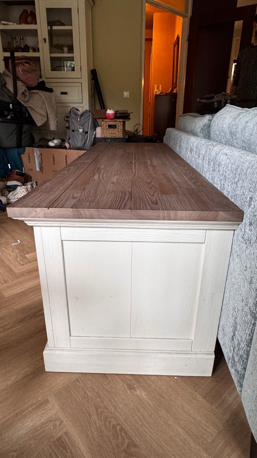 Massief houten tv meubel met lade, kastje en open planken, Huis en Inrichting, Kasten | Televisiemeubels, Ophalen, Gebruikt, 150 tot 200 cm
