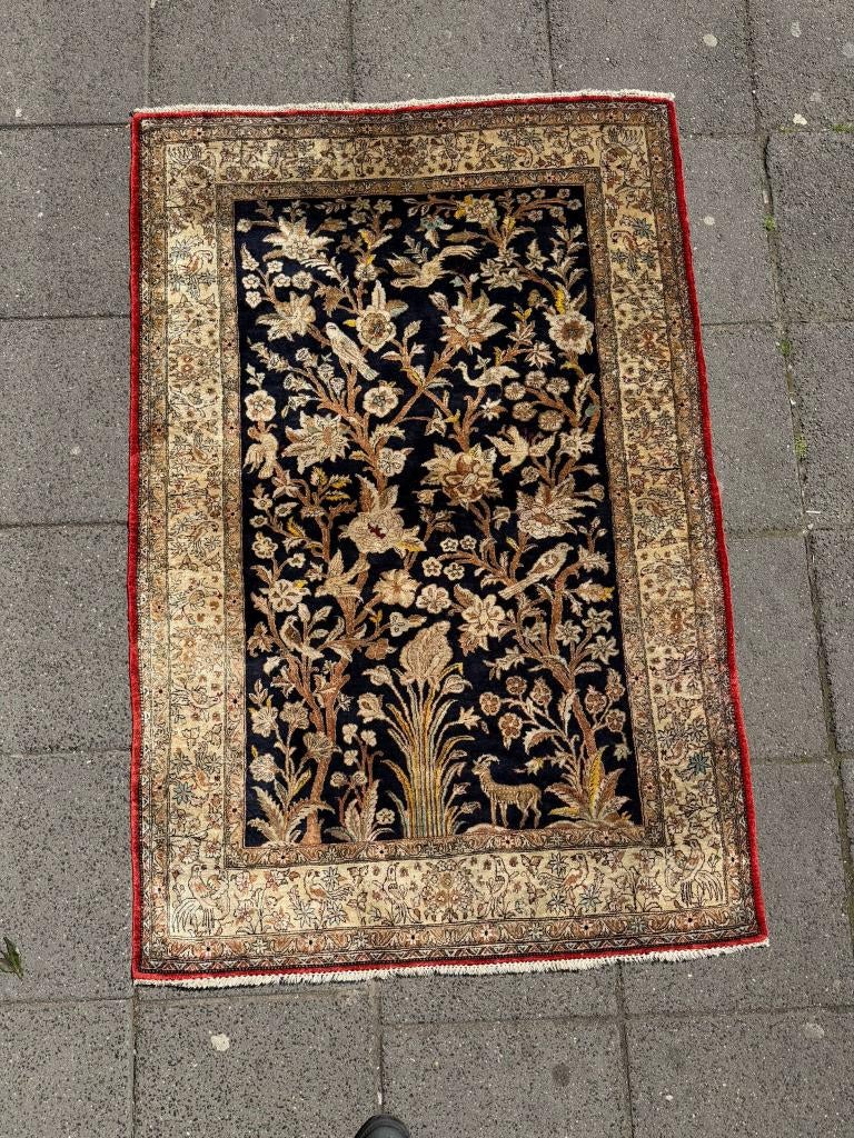 Exclusief zijden Qom tapijt – dubbele levensboom 160x106 cm, Zijde, Ophalen of Verzenden, Zo goed als nieuw, NA