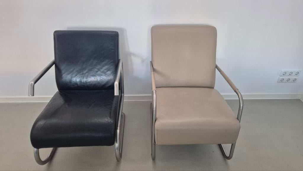 Refurbished fauteuils - Zwart, beige leer, Modern en Klassiek, 75 tot 100 cm, Ophalen of Verzenden, Zo goed als nieuw