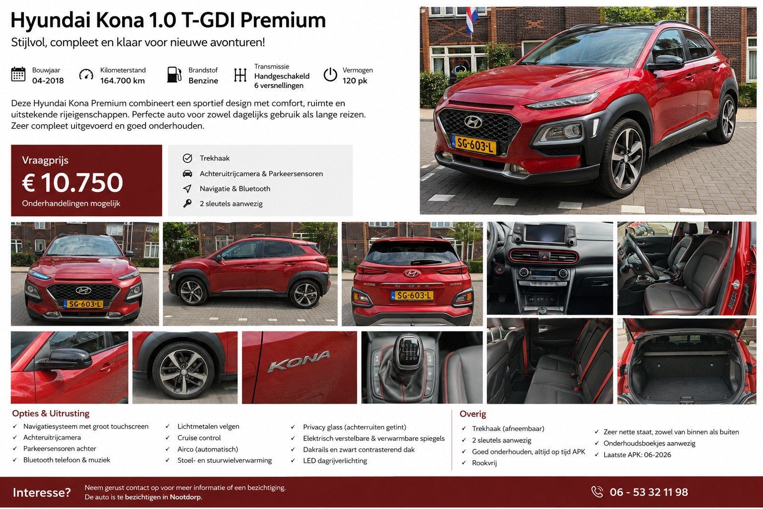 Hyundai Kona 1.0 T-gdi 120pk 2WD 2018 Rood, Auto's, Hyundai, Voorwielaandrijving, Origineel Nederlands, Handgeschakeld, 19 km/l
