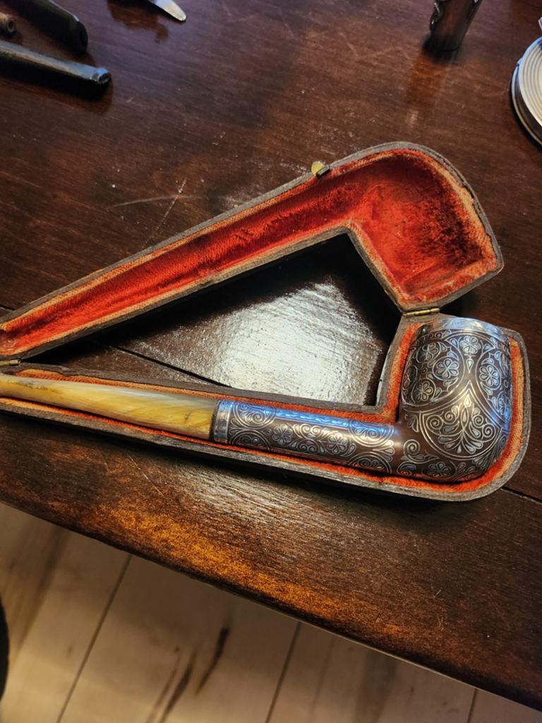 Antieke Pijp met Zilveren Inleg en Etui, Ophalen of Verzenden, Gebruikt, (Water)pijp