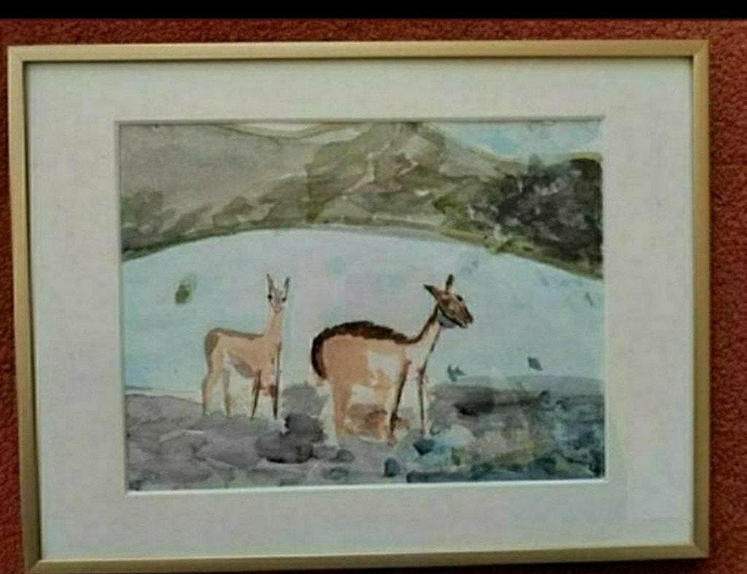 KUIT,MOUISSI,Lama,Impala,Laren,natuur,glas,lijst,bos,dier, Eigen ontwerp, 31 cm, Schilderij, Nieuw