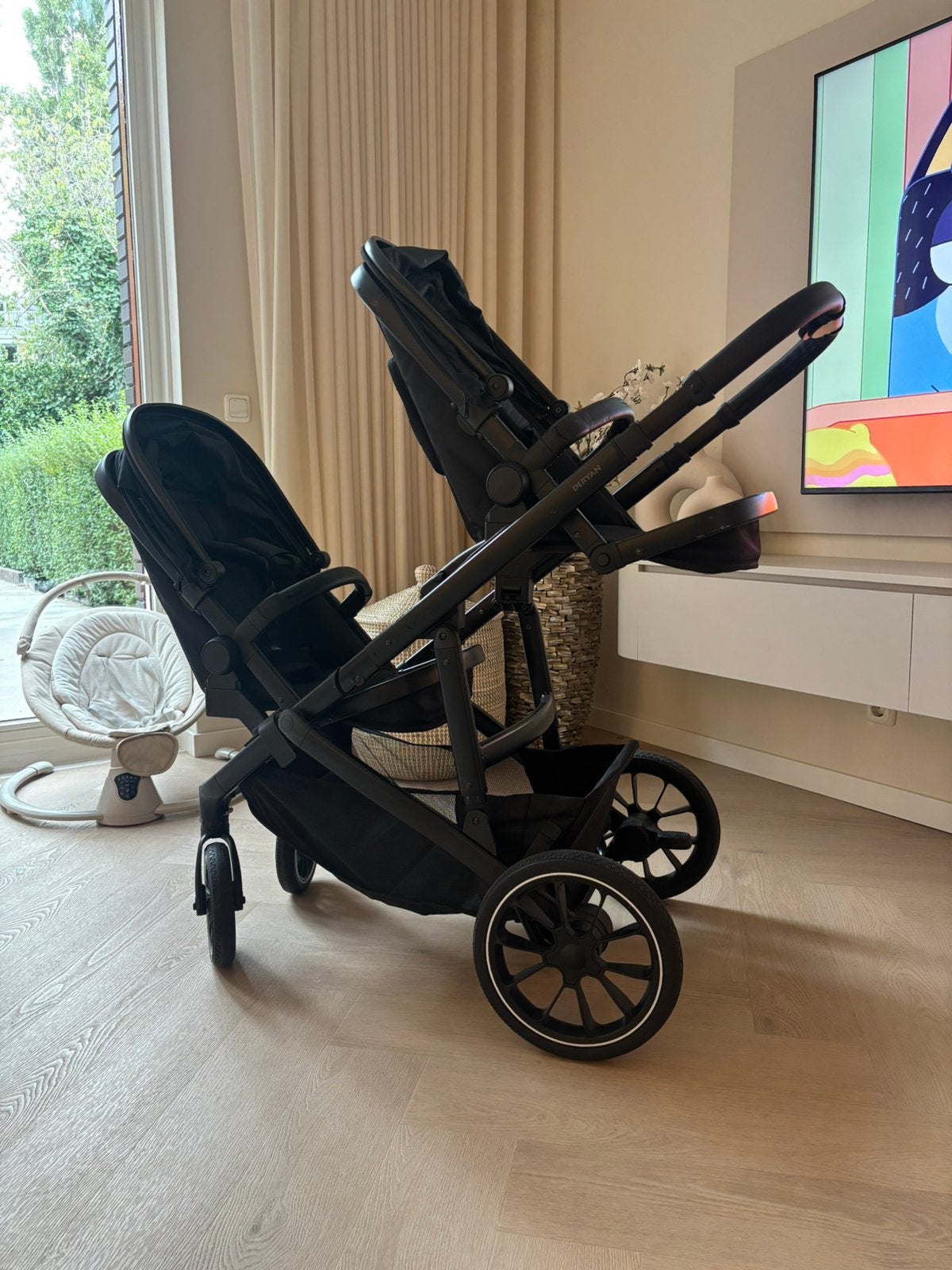 Deryan Evy 2 Duo Kinderwagen – Zwart – Inclusief 2 zitjes, Kinderen en Baby's, Ophalen of Verzenden, Zo goed als nieuw, Overige merken