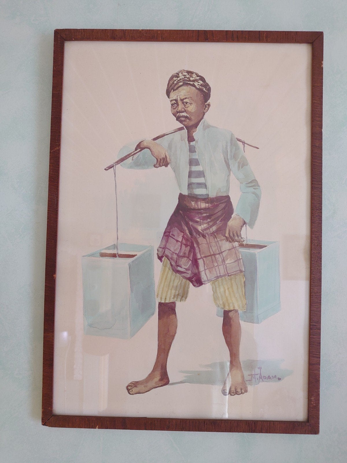Oude aquarel/ Javaan op weg naar de Pasar/ jaren '50, Ophalen of Verzenden