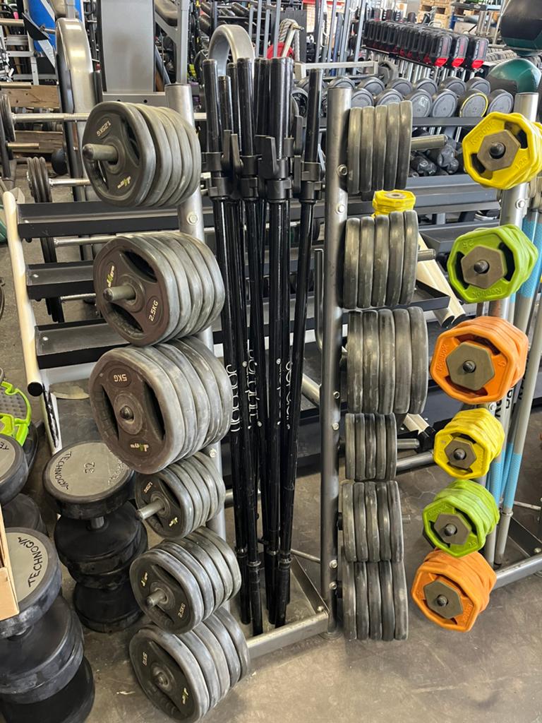 10 x bodypump halter set met rek stang schijven, Ophalen, Gebruikt, Met rek, 10 x set